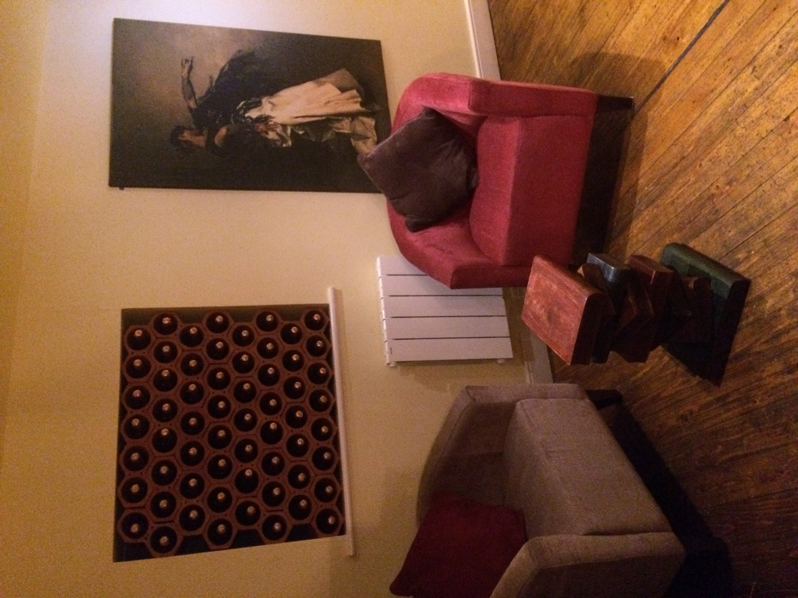 Wine racks in wine bar alcove installation